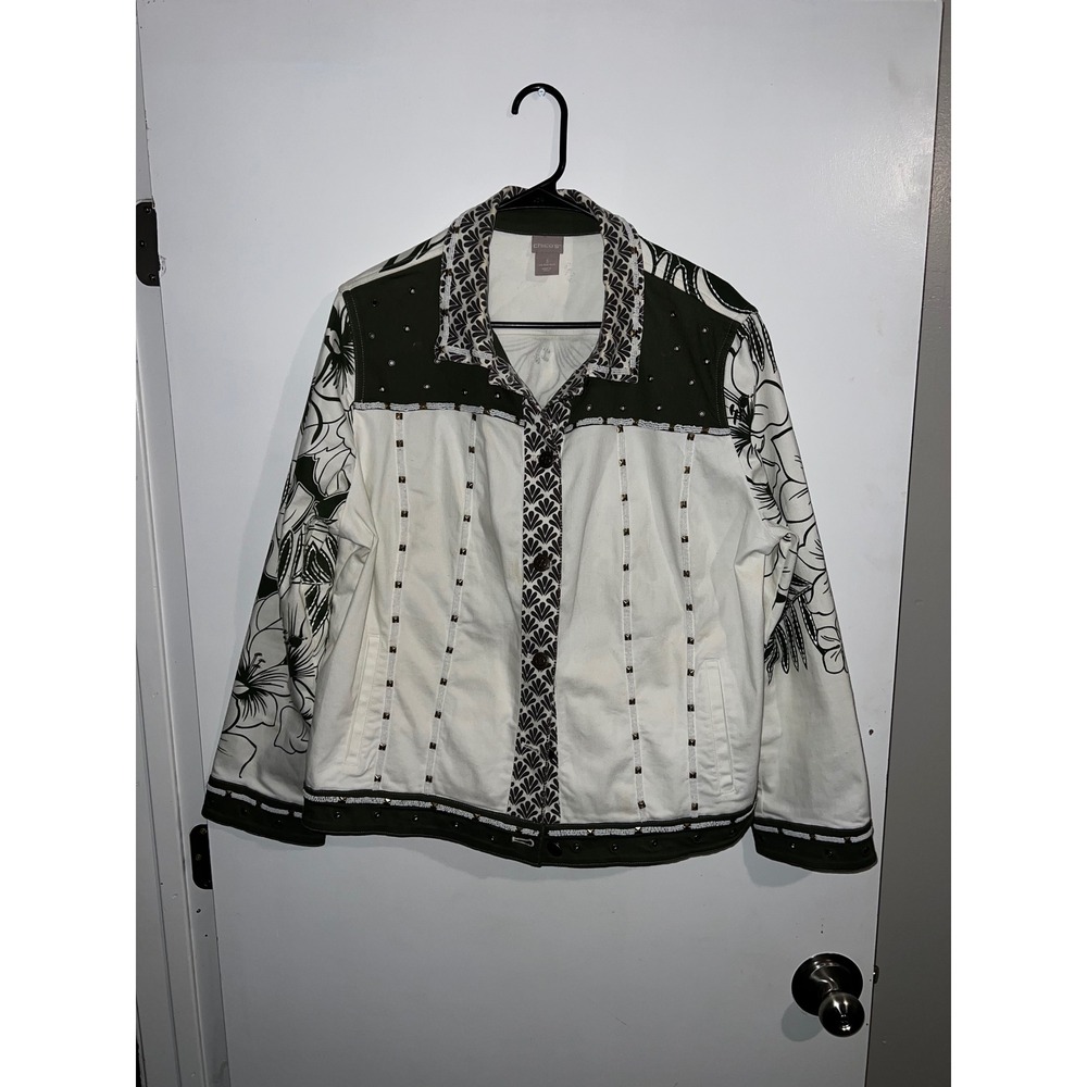 Chicos Floral Studded Denim Jacket White Olive Green Size 3 XL 16/18